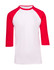A men's/unisex 3/4 sleeve raglan T-shirt in white with red sleeves. Features a simple design and includes a logo.