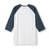 A unisex 3/4 sleeve raglan T-shirt featuring a white body and navy blue sleeves, with a logo on the back.