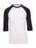 Men's/unisex 3/4 sleeve raglan T-shirt featuring white body and navy blue sleeves. Includes a logo.