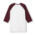 A maroon and white unisex 3/4 sleeve raglan T-shirt featuring a logo on the back.