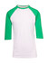 Men's/unisex 3/4 sleeve raglan T-shirt with white body and green sleeves. Features a logo on the front.