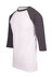 Men's/unisex 3/4 sleeve raglan T-shirt in white with grey sleeves, featuring a logo on the chest area.