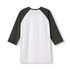 A white and grey unisex 3/4 sleeve raglan T-shirt with a plain design and logo on the back.