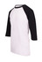 A 3/4 sleeve raglan T-shirt featuring a white body and black sleeves, with a logo on the shirt.