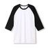 A unisex 3/4 sleeve raglan T-shirt featuring a white body and black sleeves, with a logo present.