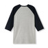 A 3/4 sleeve raglan T-shirt in grey with navy sleeves, featuring a logo on the back.