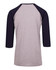 A 3/4 sleeve raglan T-shirt in grey with navy sleeves, featuring a logo on the back.
