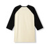A unisex 3/4 sleeve raglan T-shirt featuring a cream body and black sleeves, with a logo on the back.