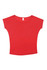 A red women's bat wing T-shirt with a wide neckline and short sleeves. It features a logo.