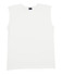 A white men's muscle T-shirt with a round neck and no sleeves, featuring a logo on the label.