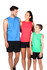 A man in a blue sleeveless tee, a woman in a red sleeveless tee, and a boy in a green sleeveless tee, all wearing black shorts.