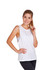 A white women's combed cotton tank top displayed on a model, featuring a relaxed fit. The image includes a logo.