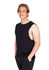 A black unisex combed cotton tank top worn by a smiling young man, featuring a logo on the side.