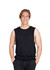 A black unisex combed cotton tank top displayed on a smiling model with hands in pockets.