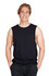 A black combed cotton tank top displayed on a model with a relaxed pose. The item has a logo.