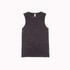 A black stone-washed tank top with a round neckline and sleeveless design, featuring a logo.
