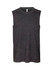 A black stone wash sleeveless tank top with a round neckline and a logo at the neck.
