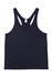 A black men’s T-back singlet with a sporty design and a logo on the back.