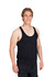 A man stands wearing a black T-back singlet. The singlet features a simple design and has a logo.
