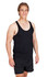 A grey T-back singlet worn by a male model, paired with a female model in a black top and leggings.