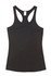 A black women's T-back singlet with a racerback design. It features a plain style and has a logo on the tag.