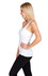 A white kids' T-back singlet displayed on a model, paired with black leggings. The design includes a logo.