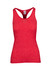 A red athletic T-back singlet with a fitted design and a logo on the label.