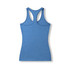 A blue women's athletic T-back singlet with a fitted design and a logo on the back.