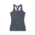 A women's athletic T-back singlet in dark grey, featuring a fitted design and a logo on the label.