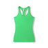 A green athletic T-back singlet featuring a logo, designed for women's activewear.
