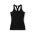 A black women's athletic T-back singlet featuring a racerback design and a branded logo.