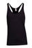 A black athletic T-back singlet with a sleek design and a logo on the label.