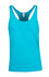 A light blue athletic singlet with a scoop neck and T-back design. It has a tag inside and a branding logo.