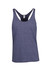 A blue athletic T-back singlet with a slightly textured fabric and a branding logo on the label.