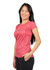 A red women's T-shirt made of 100% polyester, featuring a fitted design and a subtle branding logo.