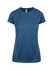 A women's short-sleeved T-shirt in a blue melange pattern, featuring a logo on the label.