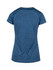 A women's T-shirt in a textured blue fabric, featuring short sleeves and a curved back design. It has a logo.