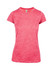 A pink women's T-shirt made of 100% polyester, featuring short sleeves and a fitted design. It includes a logo.