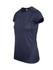 A navy women's T-shirt made of 100% polyester, featuring short sleeves and a fitted design. It includes a logo.