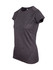 A women's short-sleeve T-shirt in dark grey, made of 100% polyester, featuring a logo on the front.