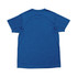 A blue unisex T-shirt made of 100% polyester, featuring a logo and a relaxed fit design on the back.