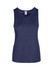 A women's navy polyester singlet featuring a round neckline and a brand logo on the label.