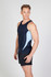 A men's sleeveless singlet in navy blue with light blue side panels. The model poses against a plain background.