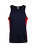 A navy and red men's singlet featuring a logo, designed for cool, dry comfort.