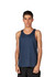 A navy blue men's singlet made of 100% polyester, featuring a standard tank design and a logo on the garment.
