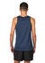 A man in a navy blue polyester singlet stands with his hands behind his back, wearing black shorts.