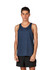 A men's singlet in navy blue, made of 100% polyester, featuring a logo. Modeled by a young man.