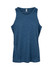 A blue, 100% polyester men's singlet with a split design and a small logo on the label.