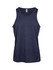 A navy blue 100% polyester singlet with a branded label, featuring a simple, sleeveless design.