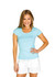 A light blue women's cotton/spandex T-shirt with a scoop neckline, paired with white shorts. Features a logo.